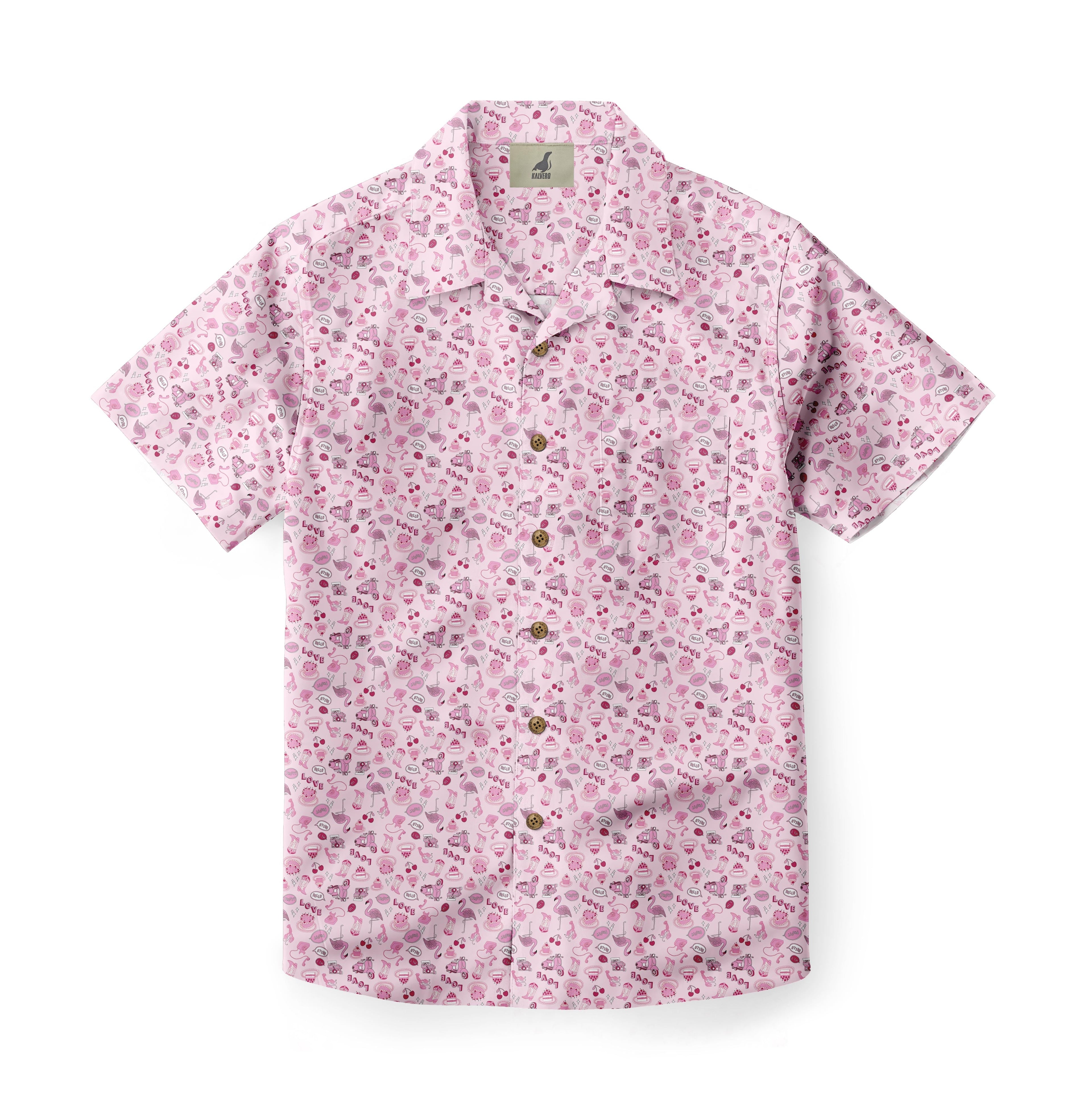 Pink short-sleeve shirt with colorful food pattern and buttons.