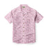 Pink short-sleeve shirt with colorful food pattern and buttons.