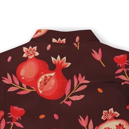 Back collar view of a Hawaiian shirt with a pomegranate and floral pattern in red and pink tones on a deep burgundy background.