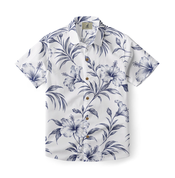 Porcelain Blue Hibiscus Hawaiian Shirt with blue hibiscus flowers and sweeping leaves on white, front view
