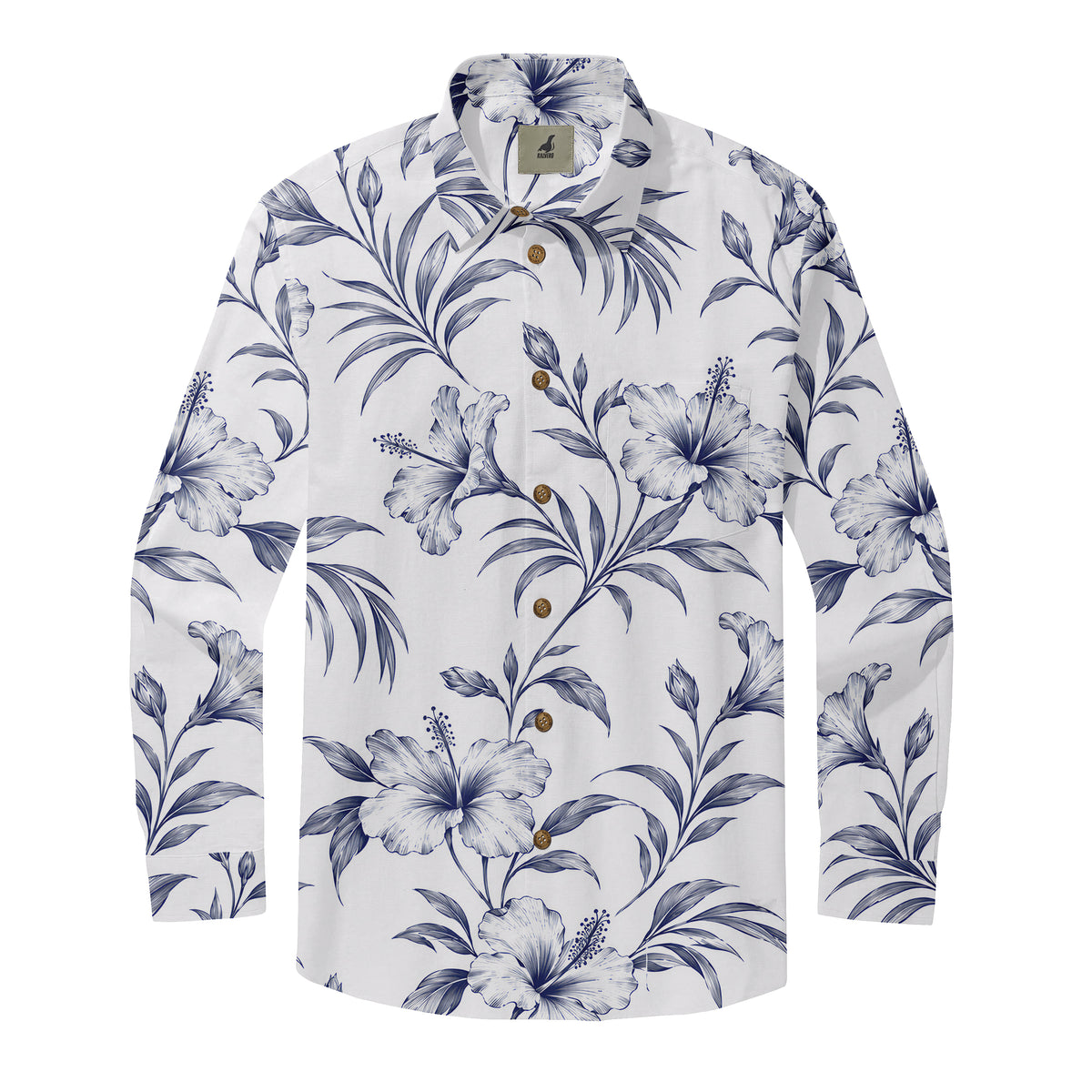 Porcelain Blue Hibiscus Long Sleeve Shirt with blue hibiscus flowers and sweeping leaves on white, front view