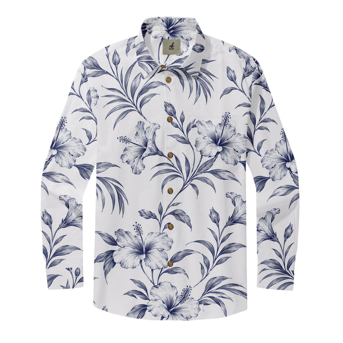 Porcelain Blue Hibiscus Long Sleeve Shirt with blue hibiscus flowers and sweeping leaves on white, front view