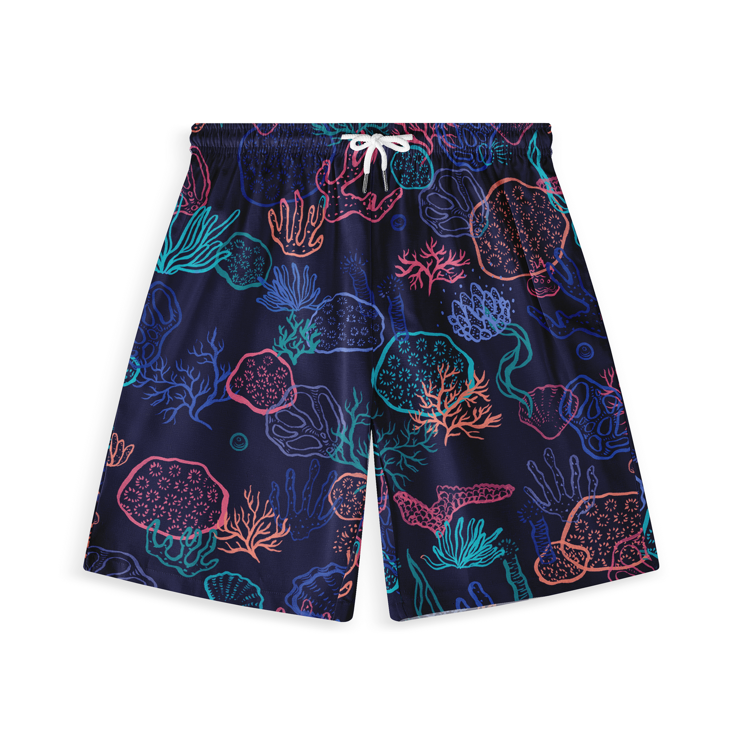 Shorts with a vibrant coral reef pattern in neon colors on a dark background, featuring a drawstring waist.