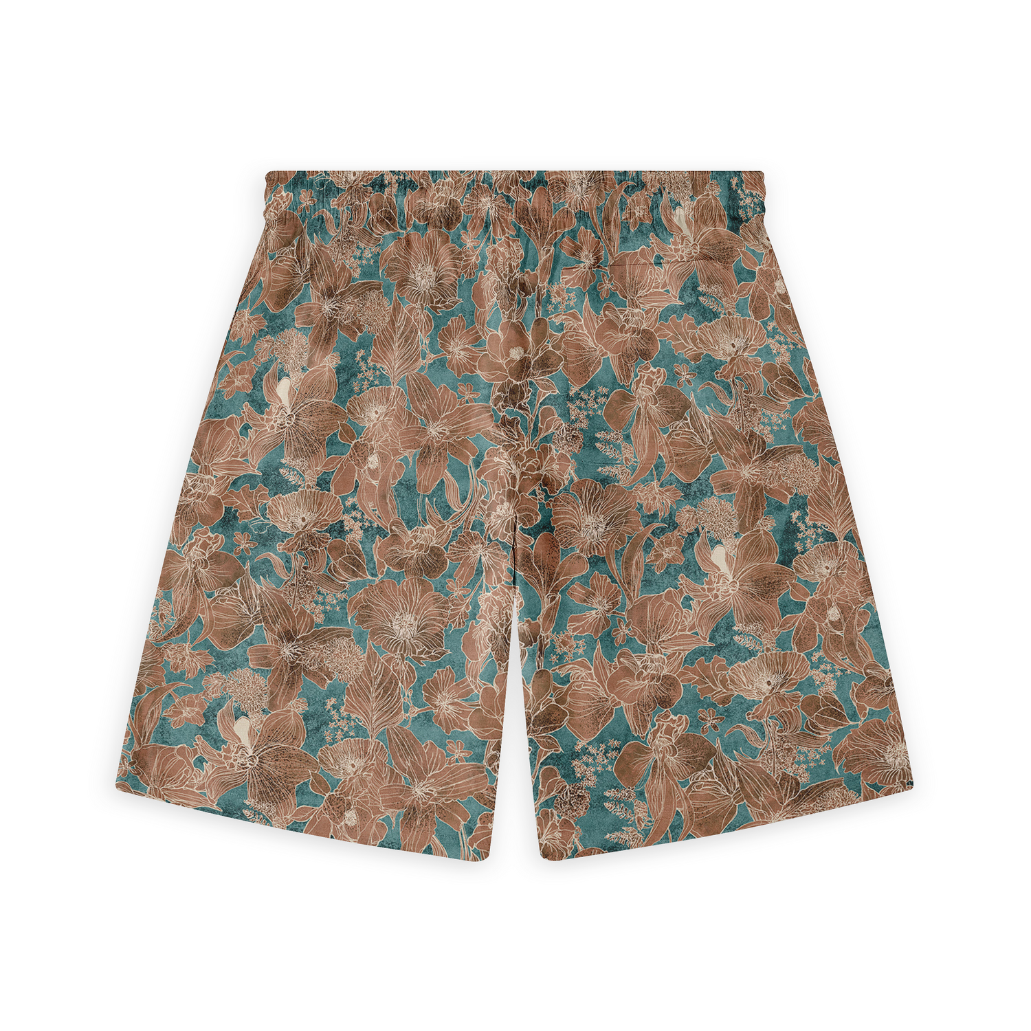 Back view of shorts with a detailed floral pattern in brown and teal tones.