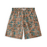 Shorts with an intricate floral pattern in brown and teal tones, featuring a drawstring waist.