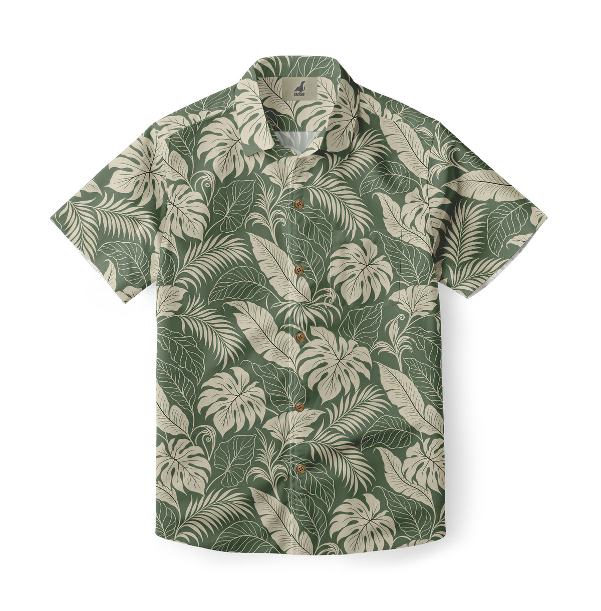 Sage Monstera Canopy Hawaiian Shirt with ivory monstera leaves and palm fronds on sage green, front view