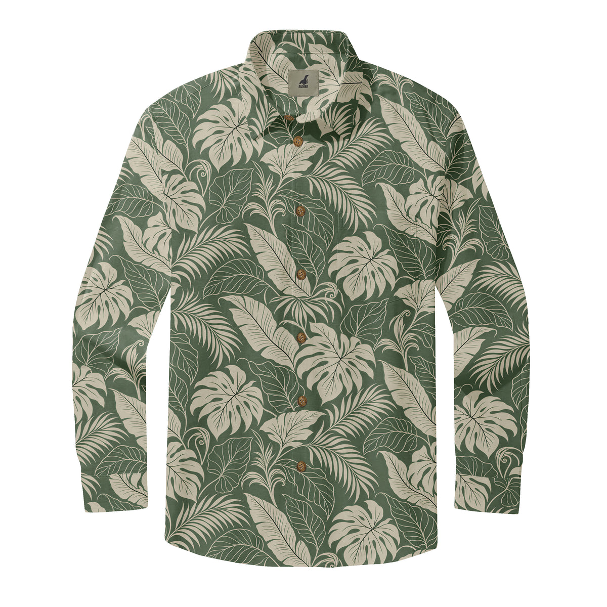 Sage Monstera Canopy Long Sleeve Shirt with ivory monstera leaves and palm fronds on sage green, front view