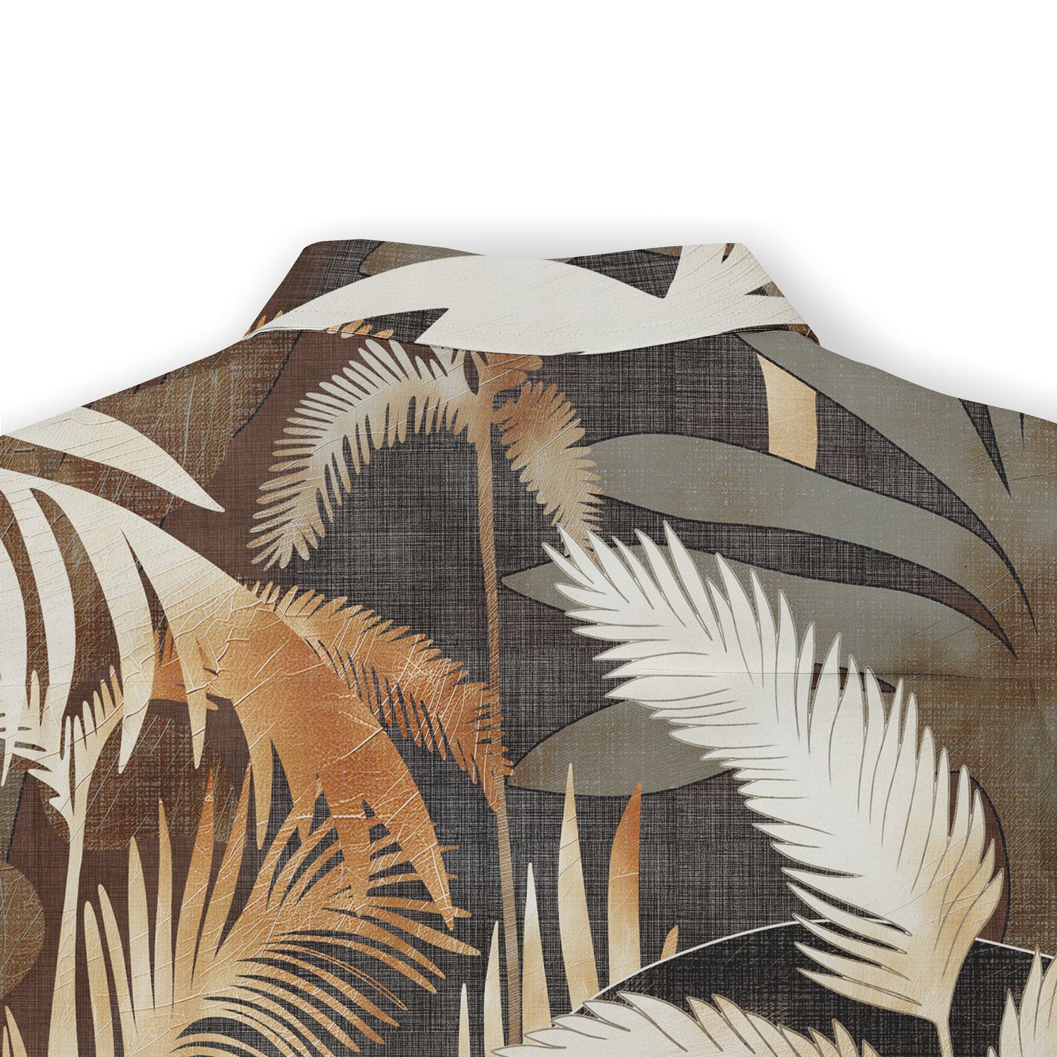 Back collar view of a Hawaiian shirt with a jungle-themed design, featuring palm leaves in earthy tones.