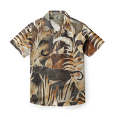 Jungle-themed Hawaiian shirt with earthy tones, featuring palm leaves and a panther silhouette.