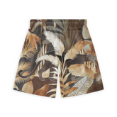 Jungle-themed shorts with earthy tones, featuring palm leaves and a panther silhouette.