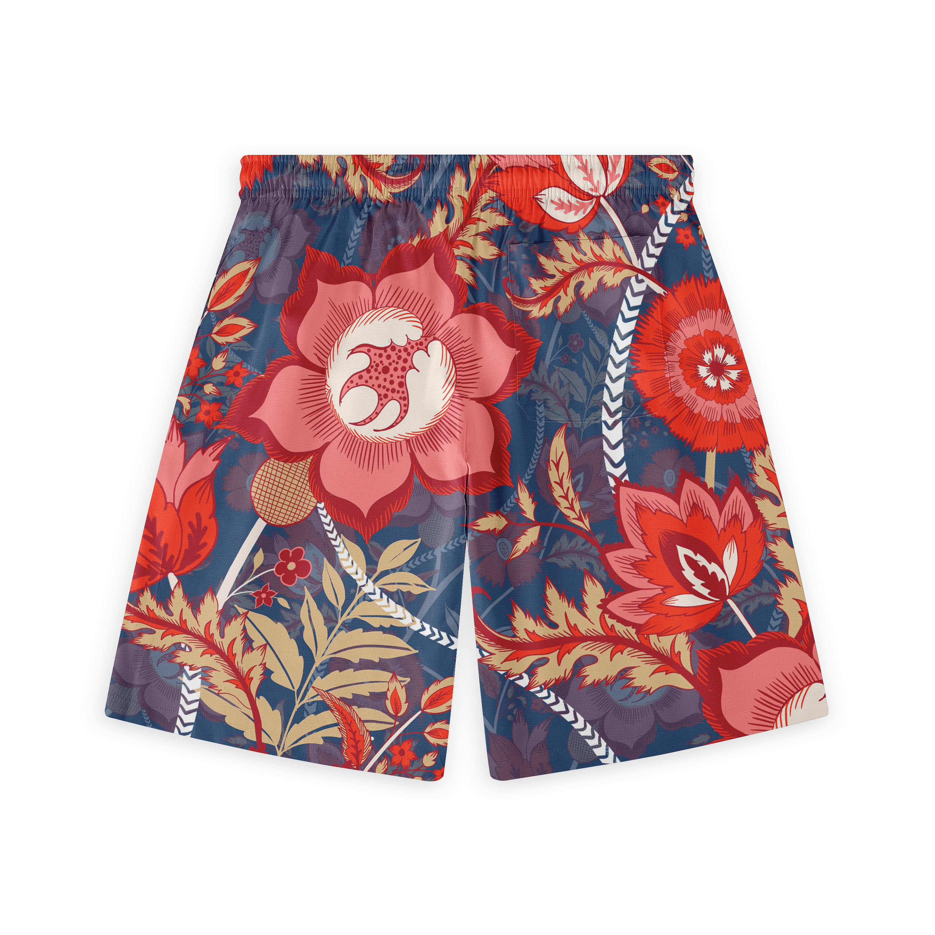 A pair of shorts with a colorful floral design, featuring large red and pink flowers with beige and blue leaves, set against a dark blue background. The pattern is bold and intricate, highlighting a variety of floral elements in a vibrant, energetic style.