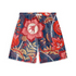 A pair of shorts featuring a vibrant floral design in red, blue, and beige tones, with large blooming flowers and detailed foliage, creating a bold and energetic visual appeal.