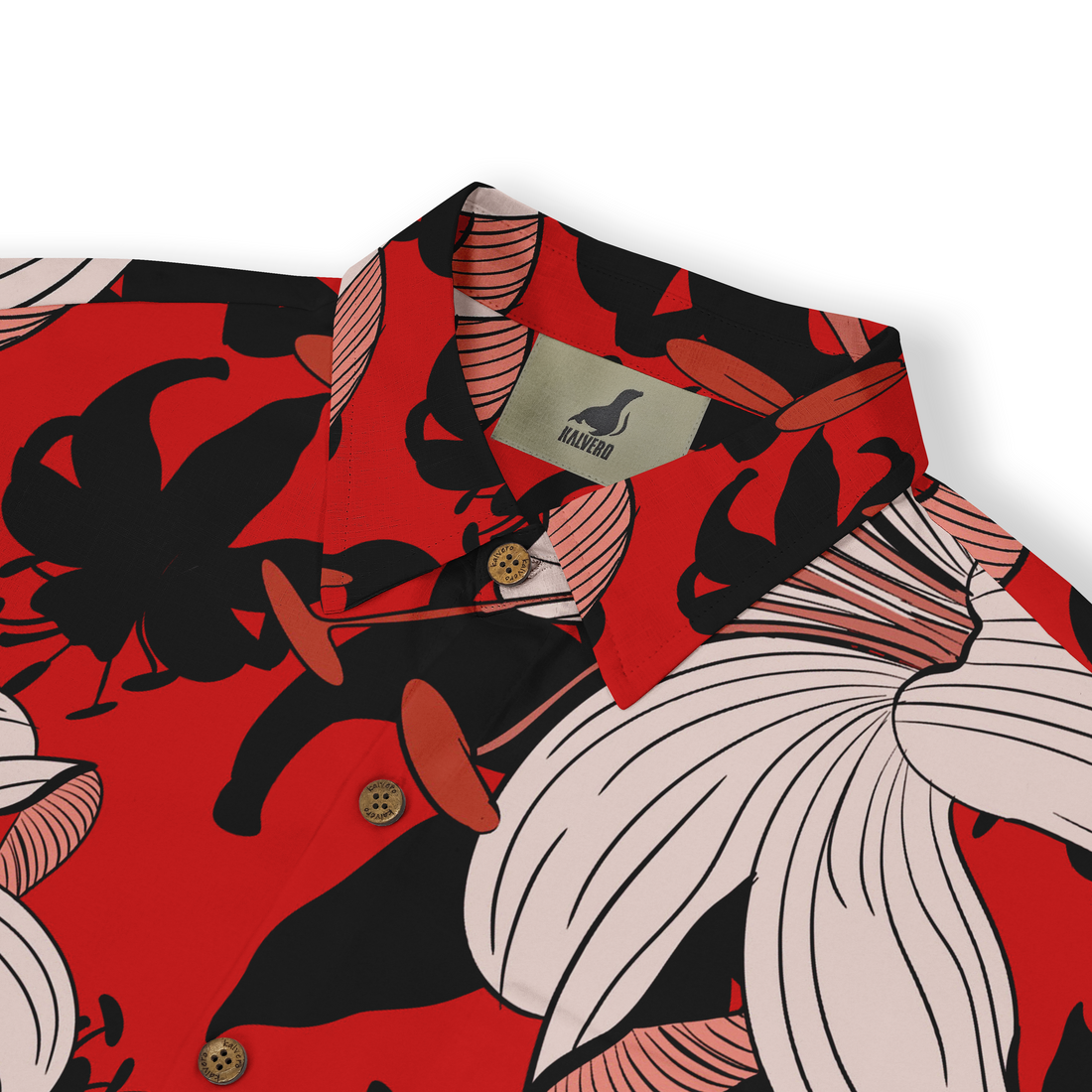 Red Hawaiian shirt with a bold floral pattern featuring large white lilies and contrasting black leaves. The design creates a striking and dynamic look.