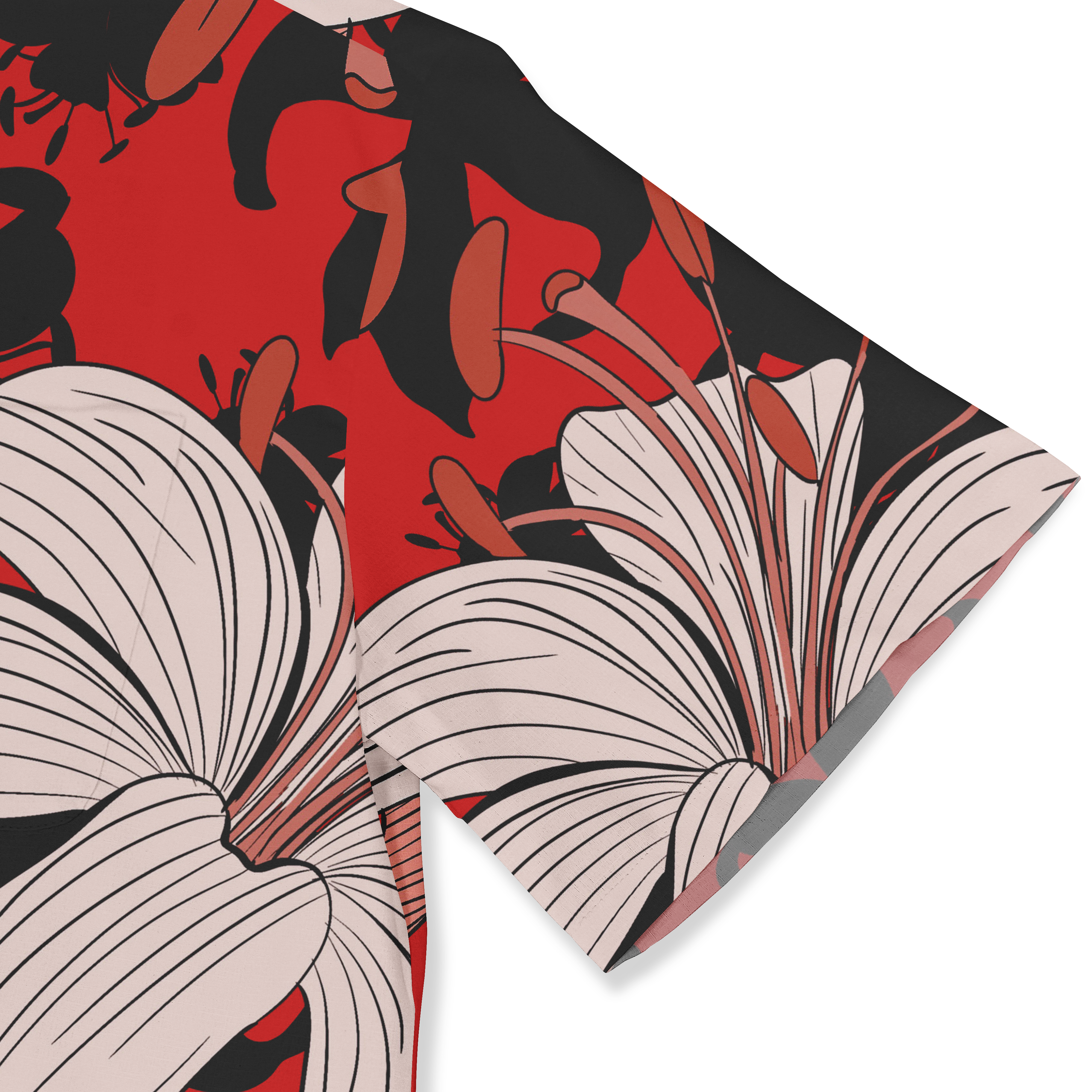 The red Hawaiian shirt features a dynamic and eye-catching design with large white lilies, accented by contrasting black leaves, creating a bold and stylish look.