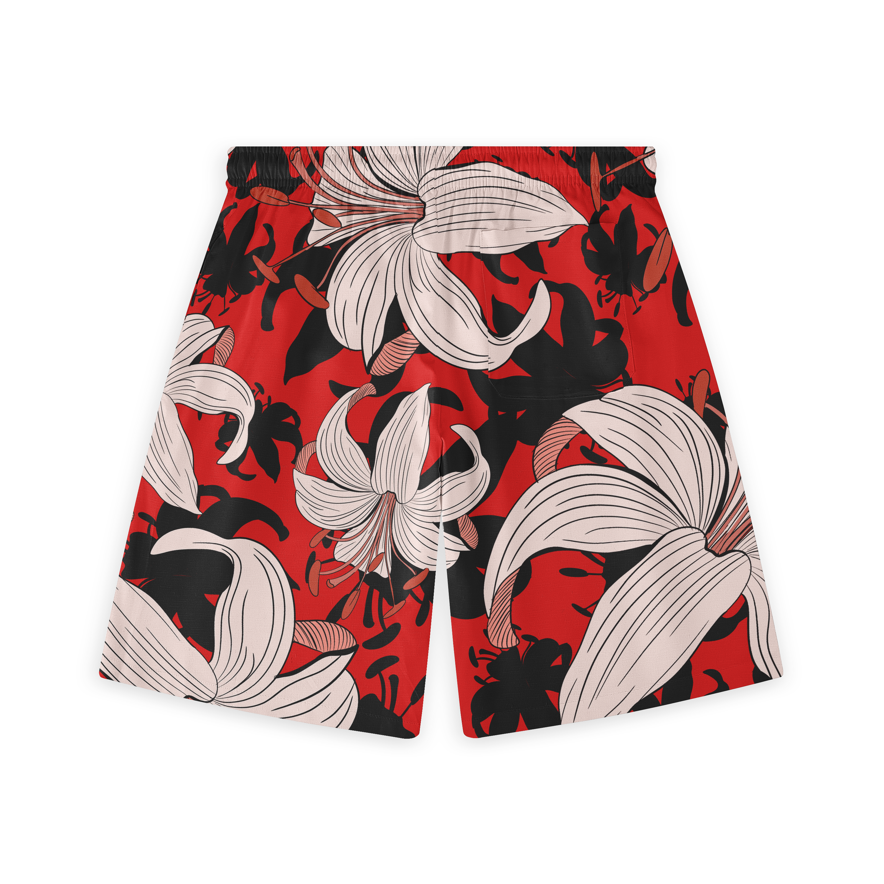 Red shorts with an eye-catching floral pattern showcasing large white lilies with black accents, creating a striking contrast against the vibrant red background.