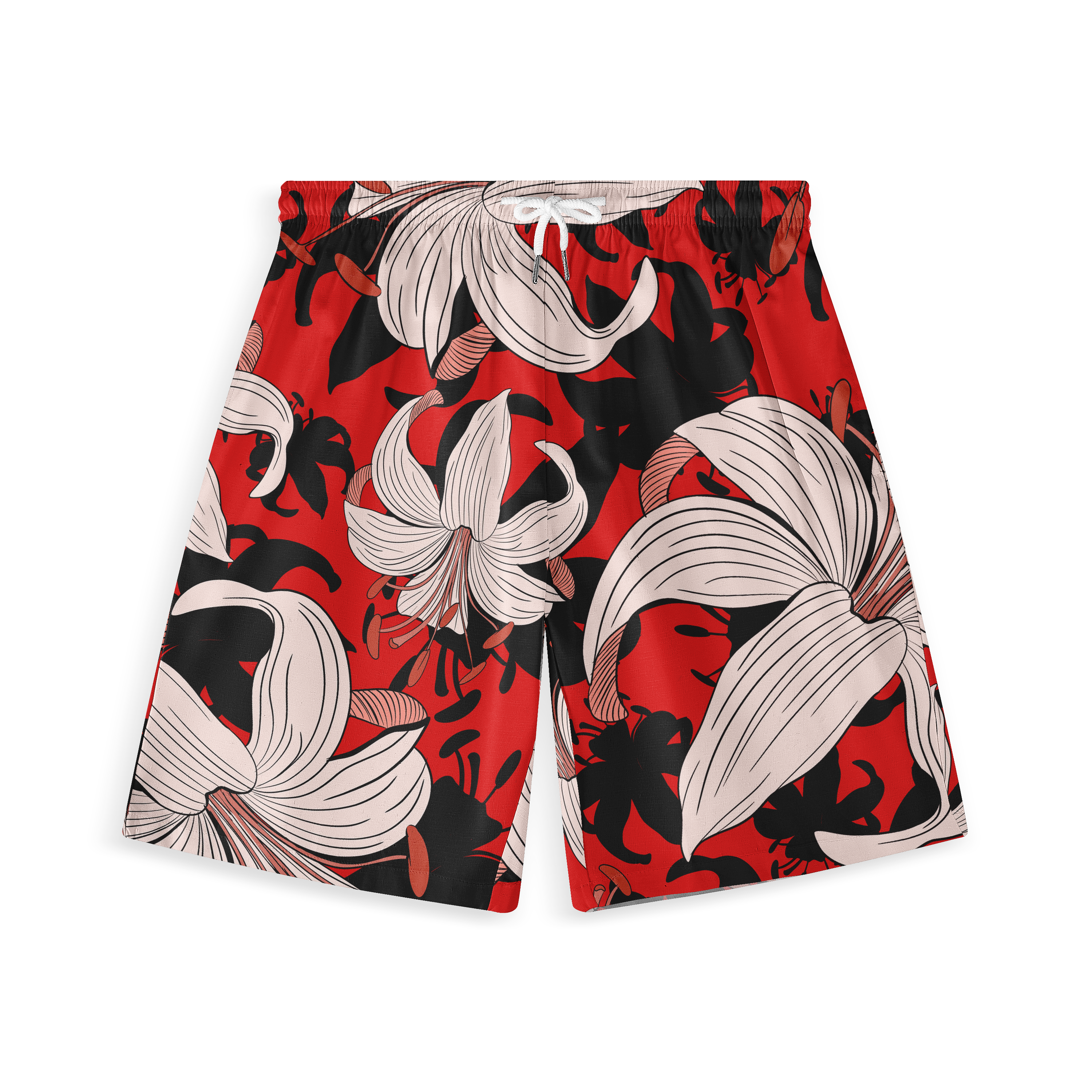 Red shorts with a bold floral design featuring large, intricate white lilies and black accents.