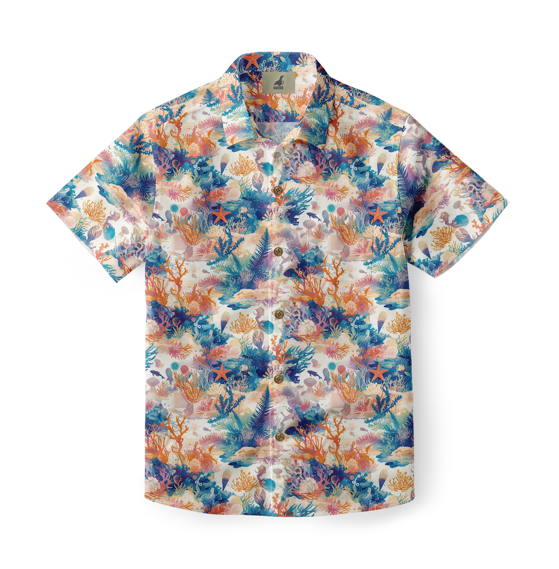 Shirt with harmonious aquatic plant and sea creature designs in vibrant colors.