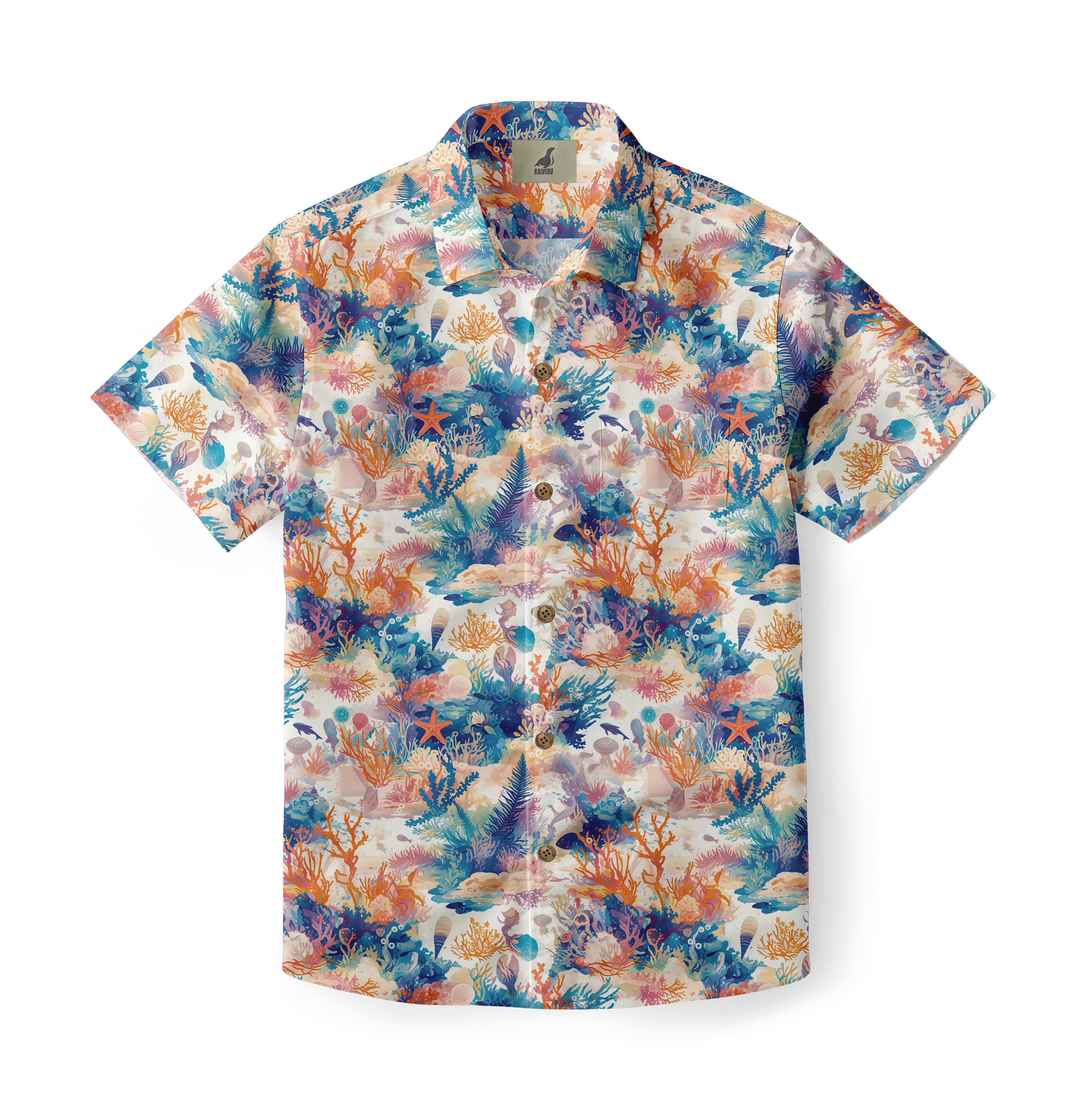 Colorful coral print short-sleeve button-up shirt.
