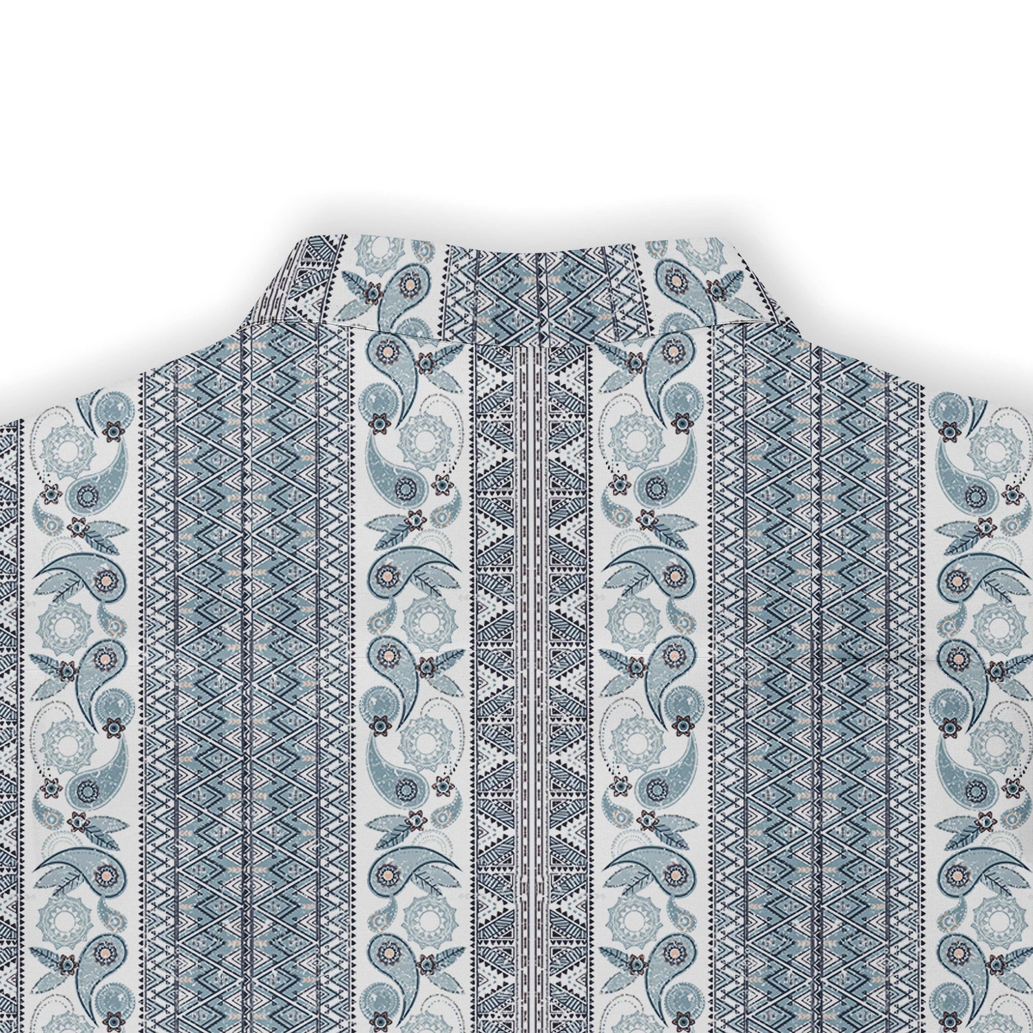 Blue and white patterned shirt with intricate designs.
