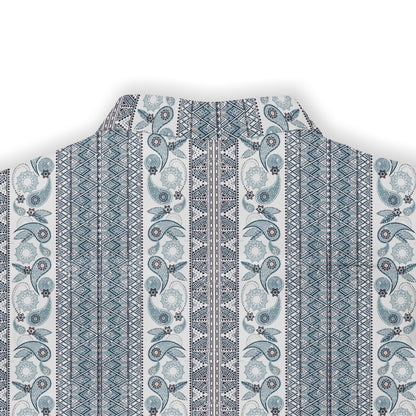 Blue and white patterned shirt with intricate designs.