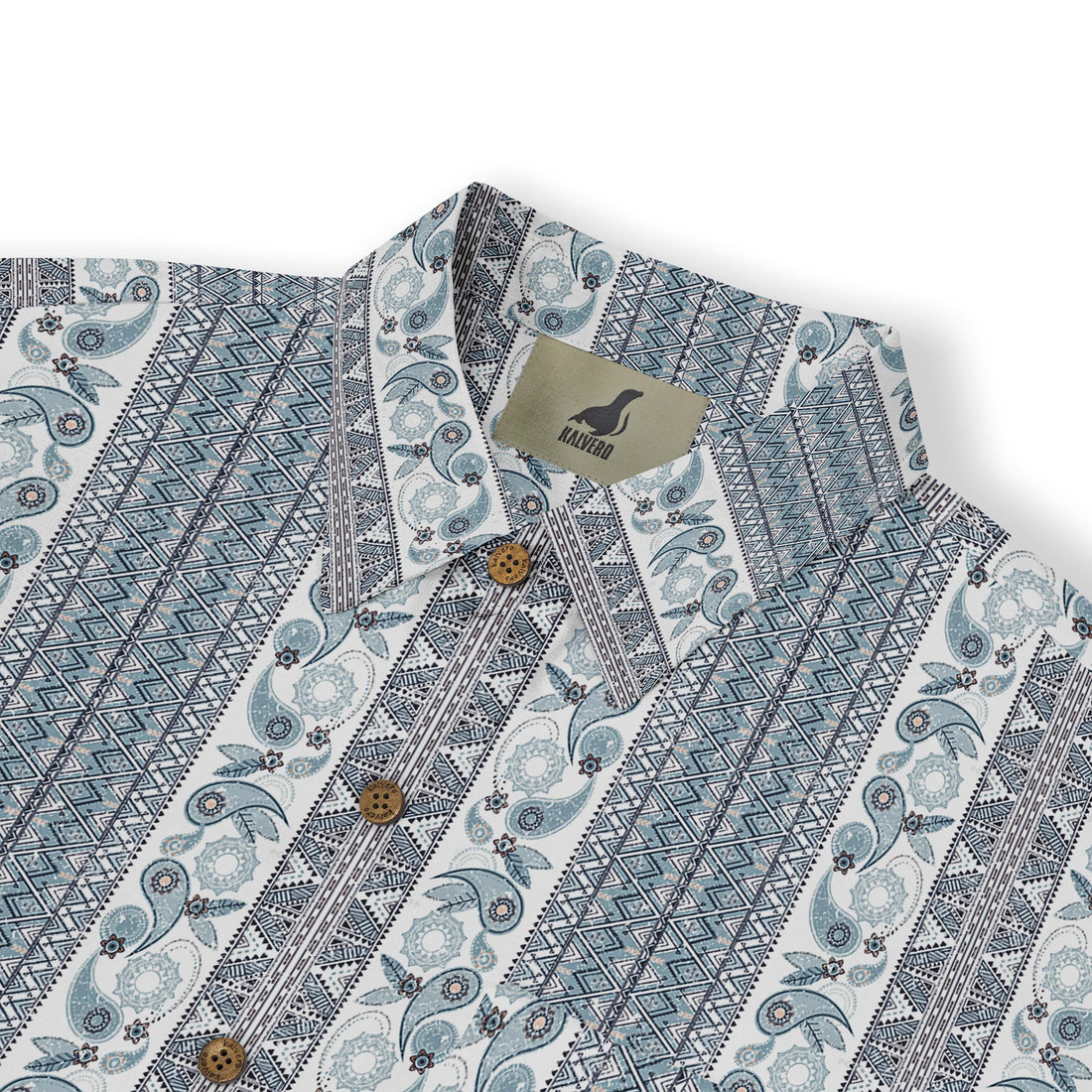 Blue and white patterned shirt with buttons and logo tag.