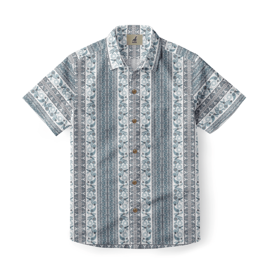 Blue and white patterned short-sleeve button-up shirt.