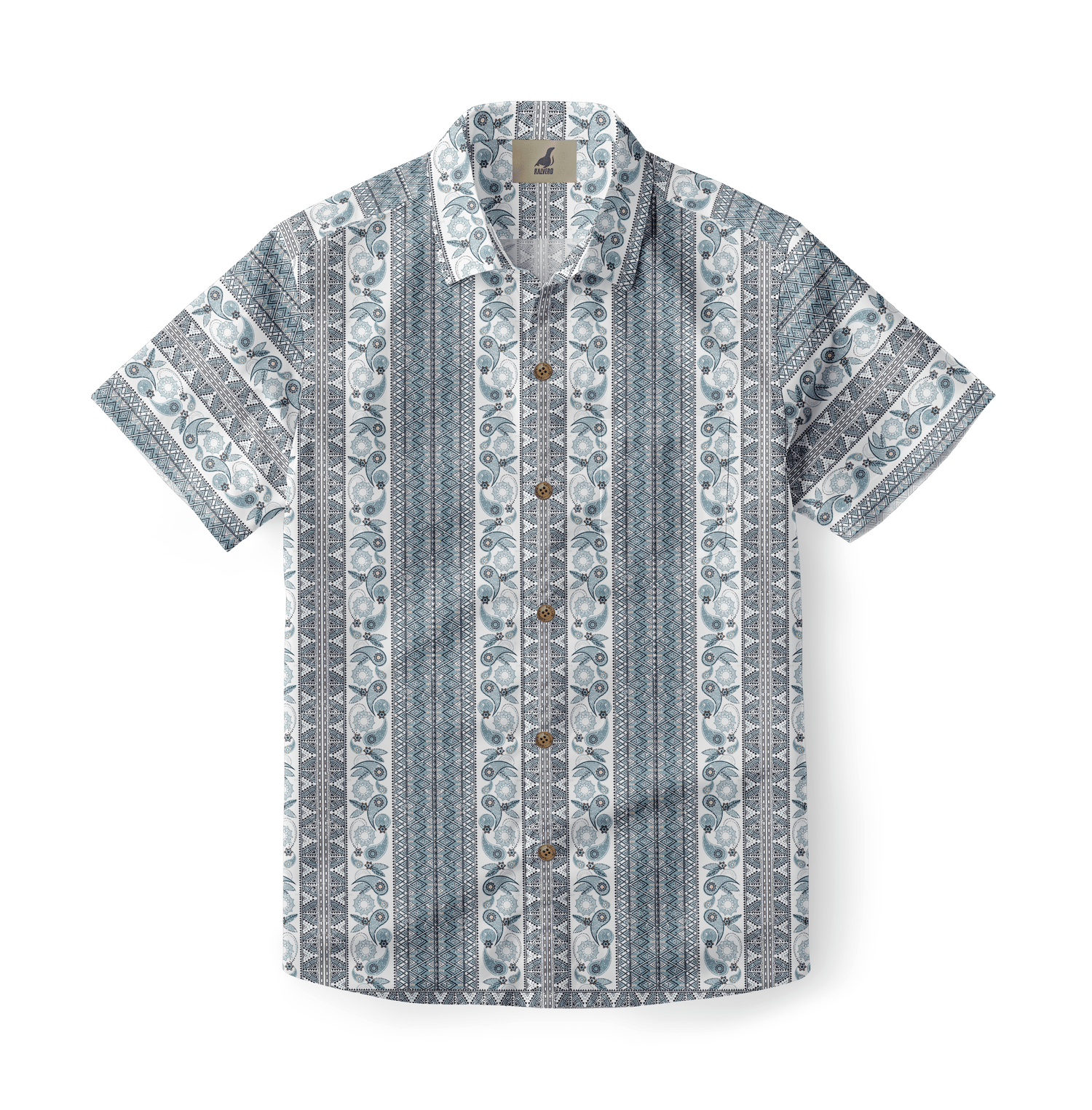 Blue and white patterned short-sleeve button-up shirt.