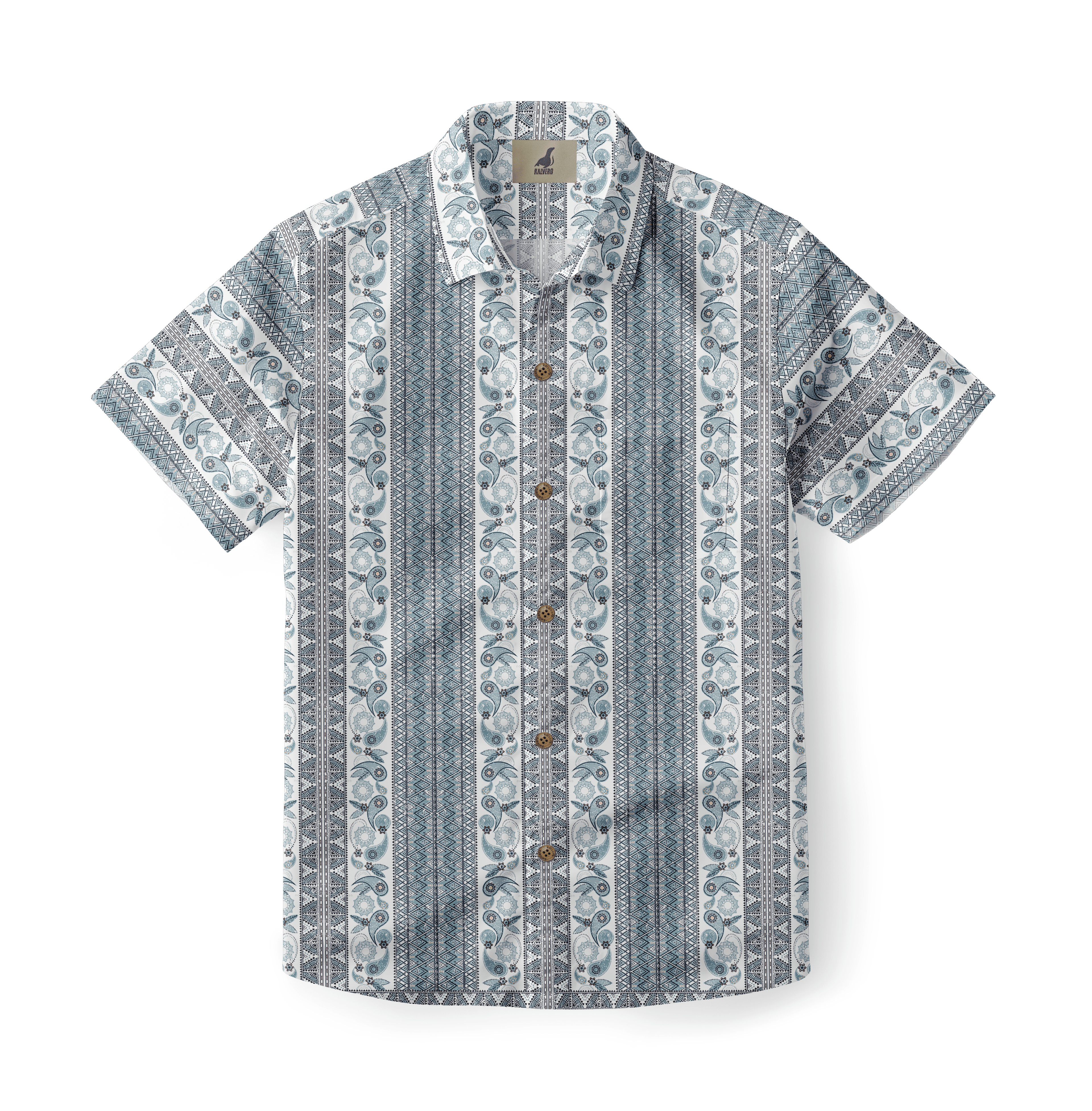 Blue and white patterned short-sleeve button-up shirt.