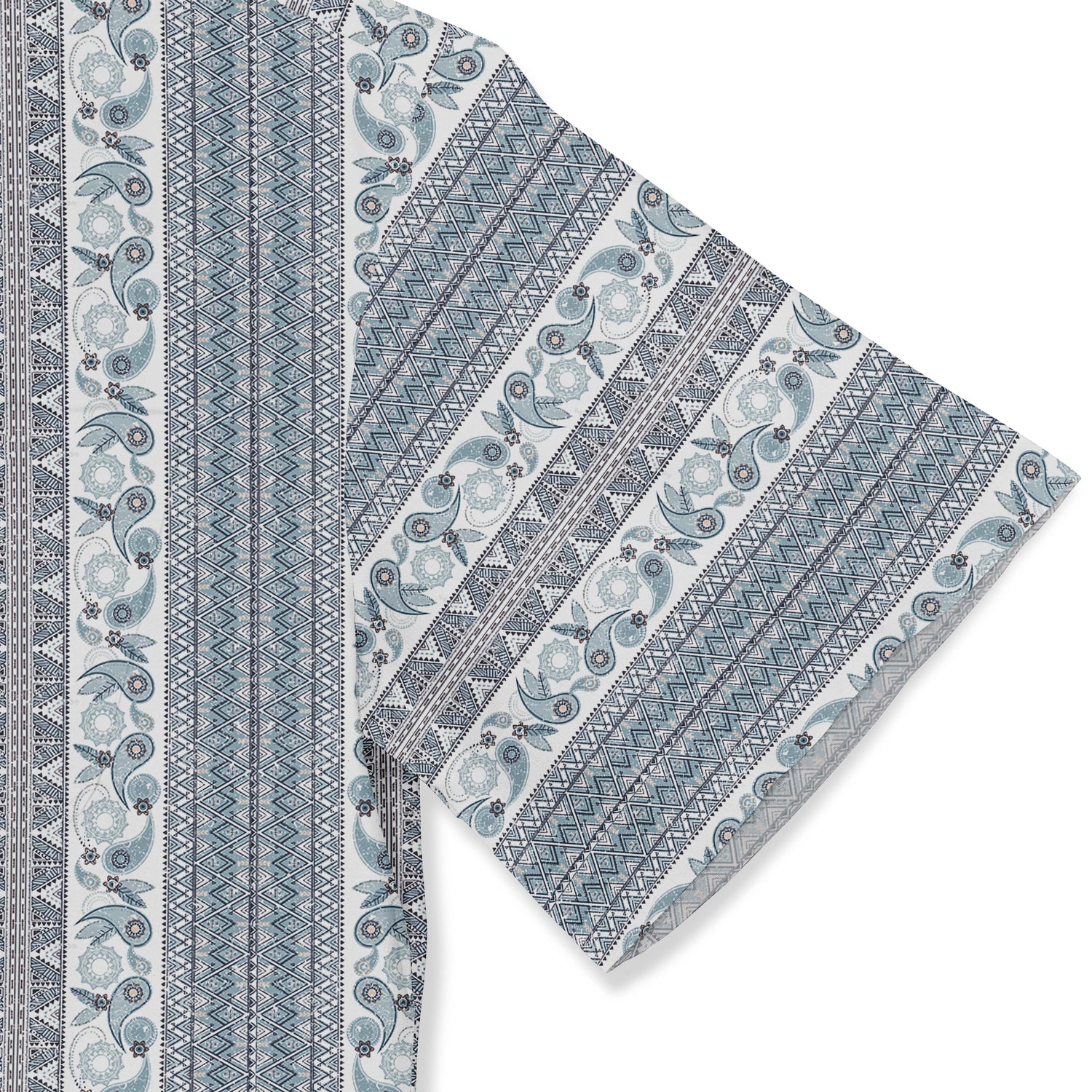 Blue and white patterned fabric with intricate designs.