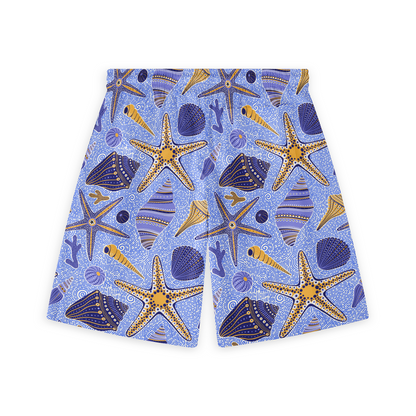 This image shows the back of the shorts, featuring a seamless oceanic design with blue and gold starfish and seashells.