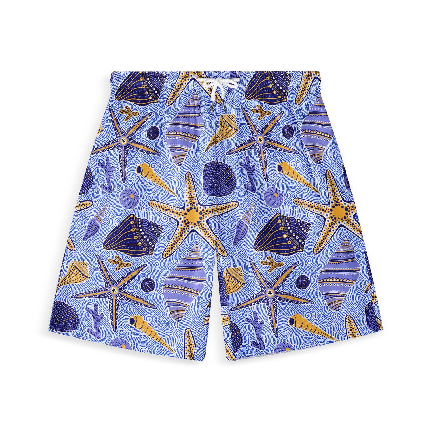 This image features shorts with a vibrant oceanic design, showcasing starfish, seashells, and other marine elements in shades of blue and gold. The pattern is intricate, creating a lively and dynamic look that embodies the beauty of the sea.