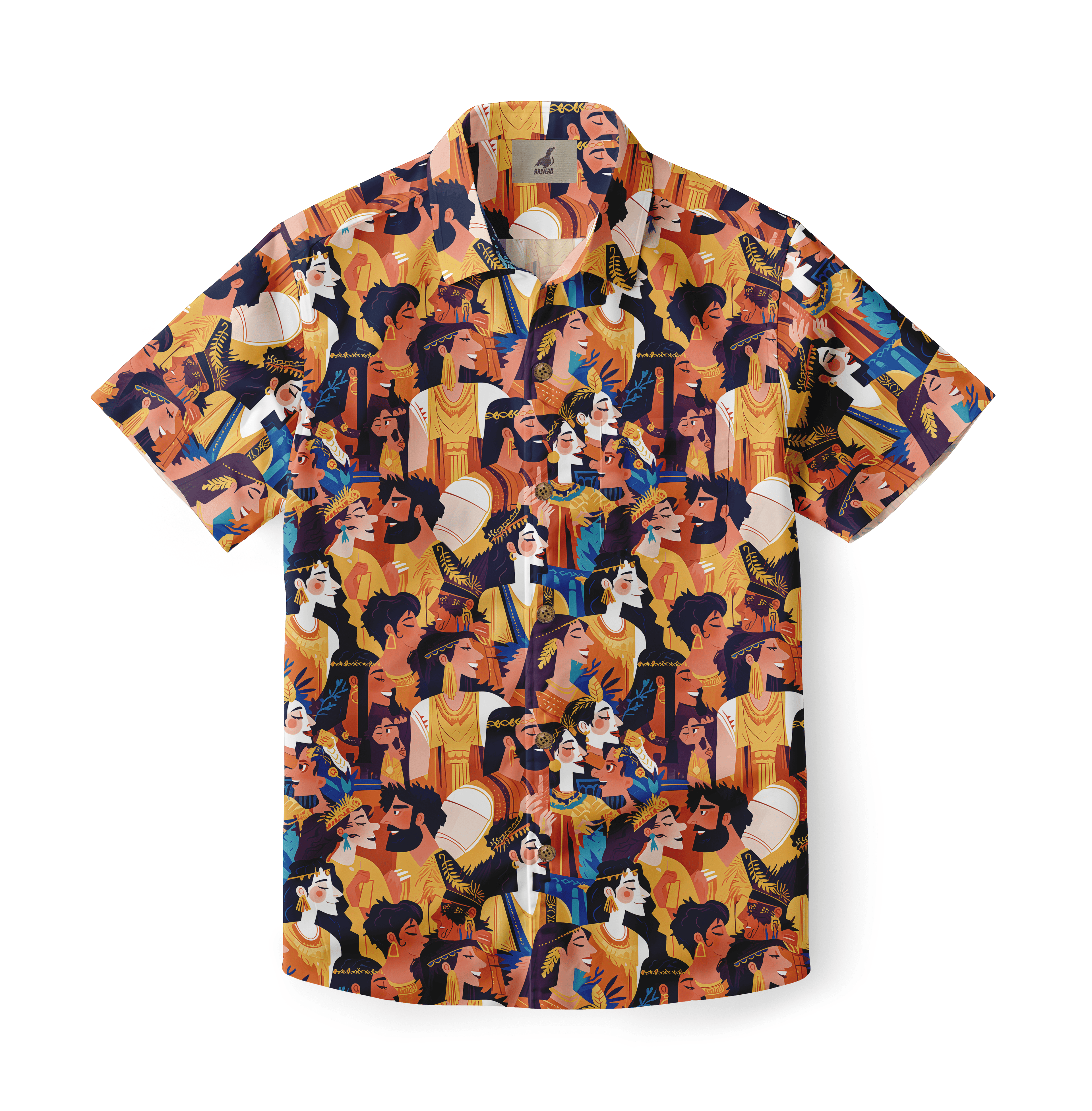 Shirt with ancient figures in vibrant colors of orange, yellow, and blue.