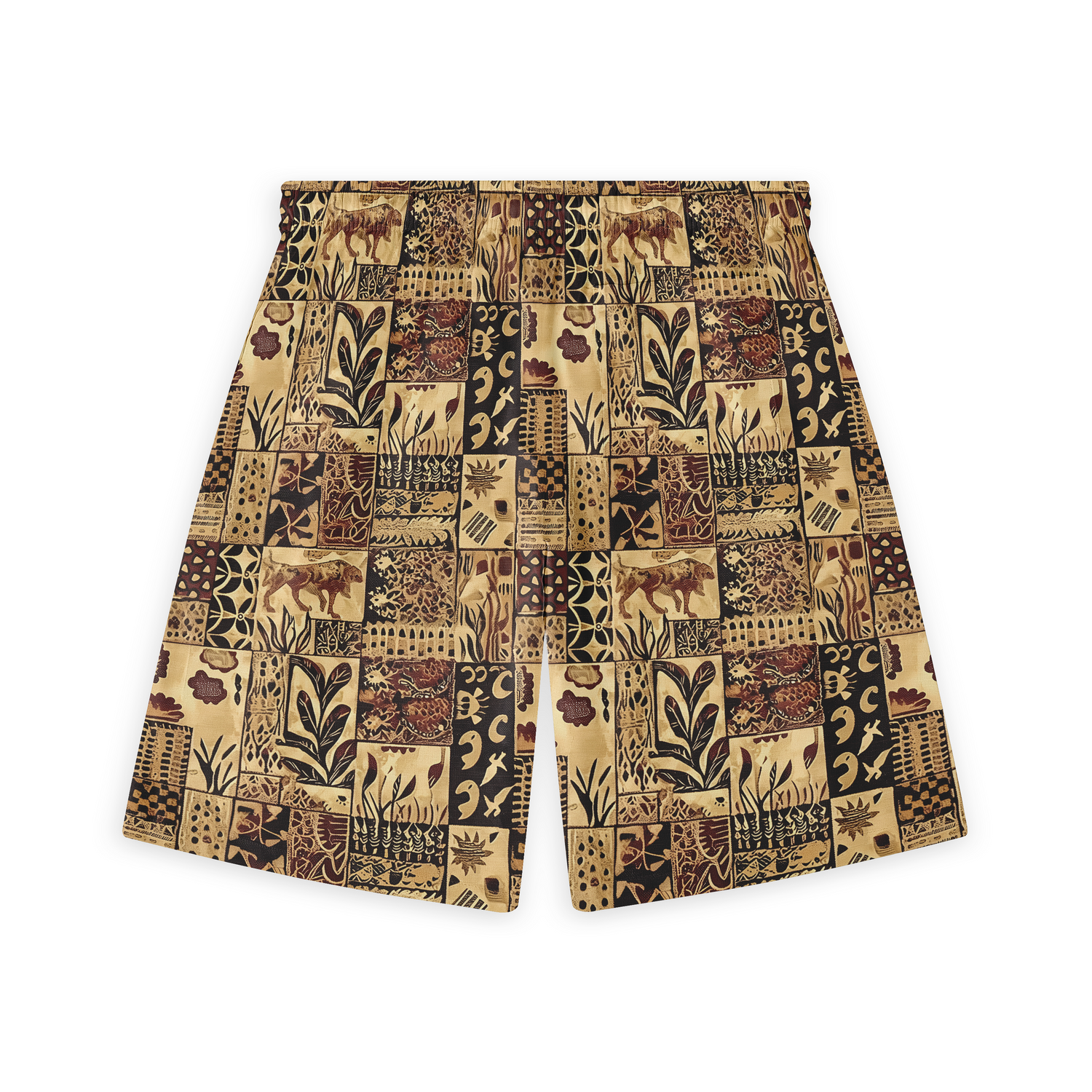 A pair of shorts featuring a patchwork design with various ethnic and tribal-inspired patterns in shades of brown, beige, and black. The patterns include abstract shapes, animals, and botanical elements, creating a rich and intricate look reminiscent of traditional art.