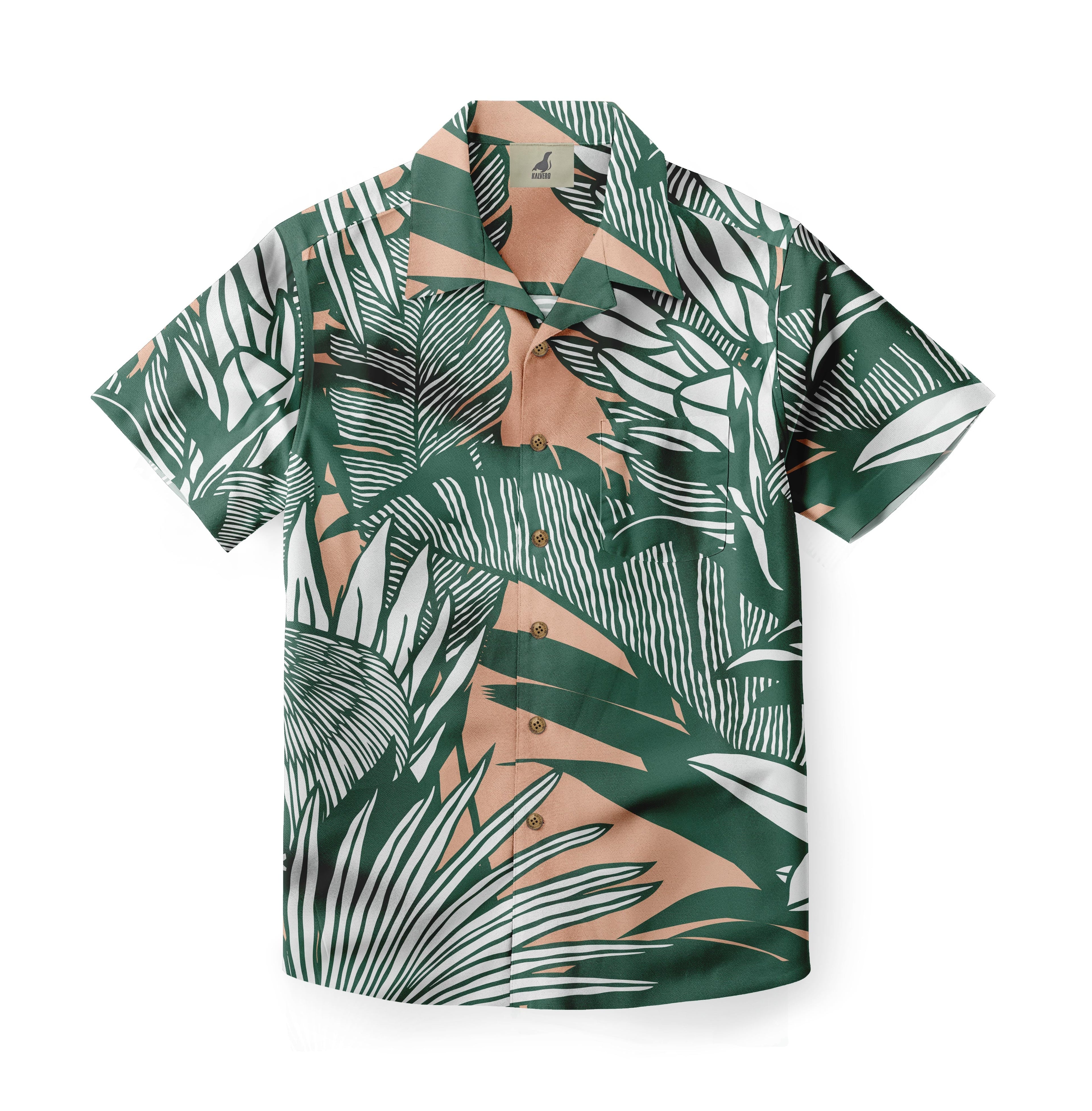 A tropical short-sleeve shirt with a vibrant design of dark green foliage and white accents on a warm beige background, perfect for an adventurous and stylish summer look.