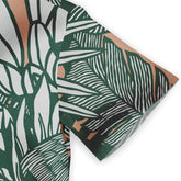 A Hawaiian shirt featuring green and white striped botanical patterns, exuding a fresh and natural style.