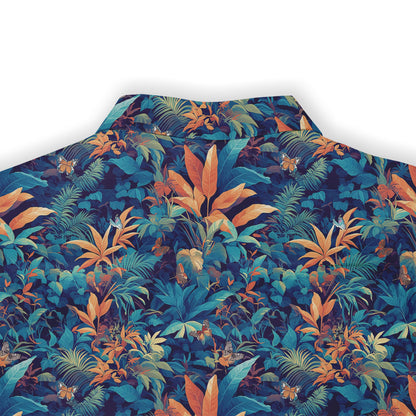 Tropical print shirt with orange leaves and butterflies.