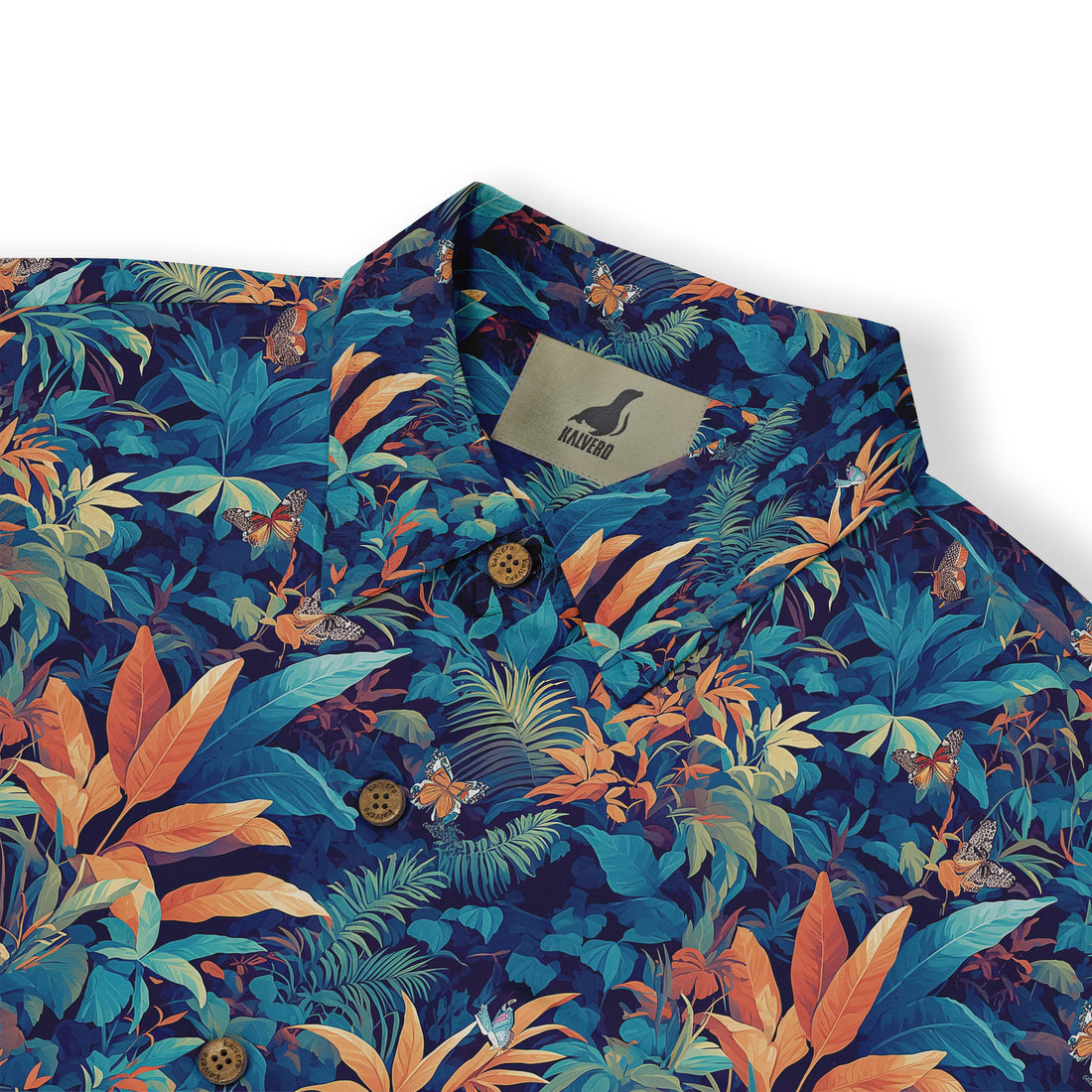 Blue shirt with vibrant tropical leaf and butterfly print.