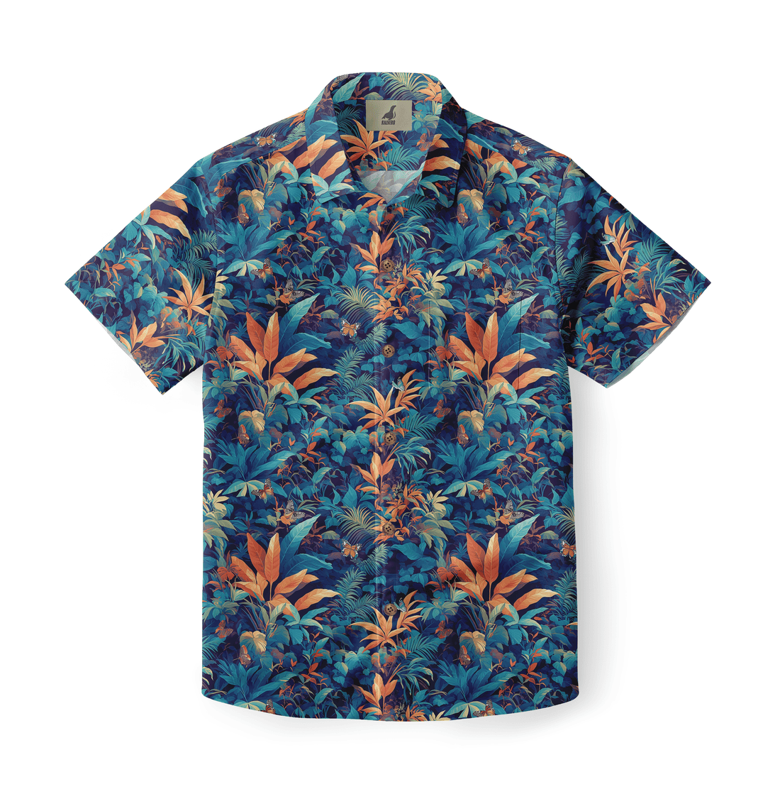 Blue tropical print short-sleeve shirt with orange leaves.