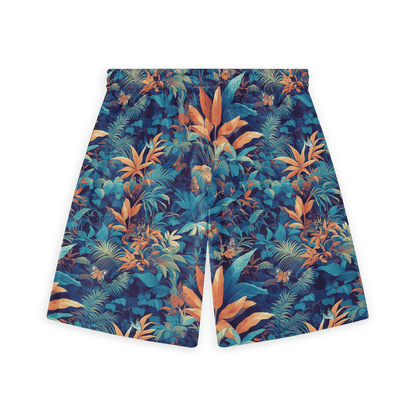 Dark teal short with vibrant tropical flowers and foliage, evoking a tropical paradise back