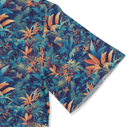 Dark teal shirt with vibrant tropical flowers and foliage, evoking a tropical paradise close-up