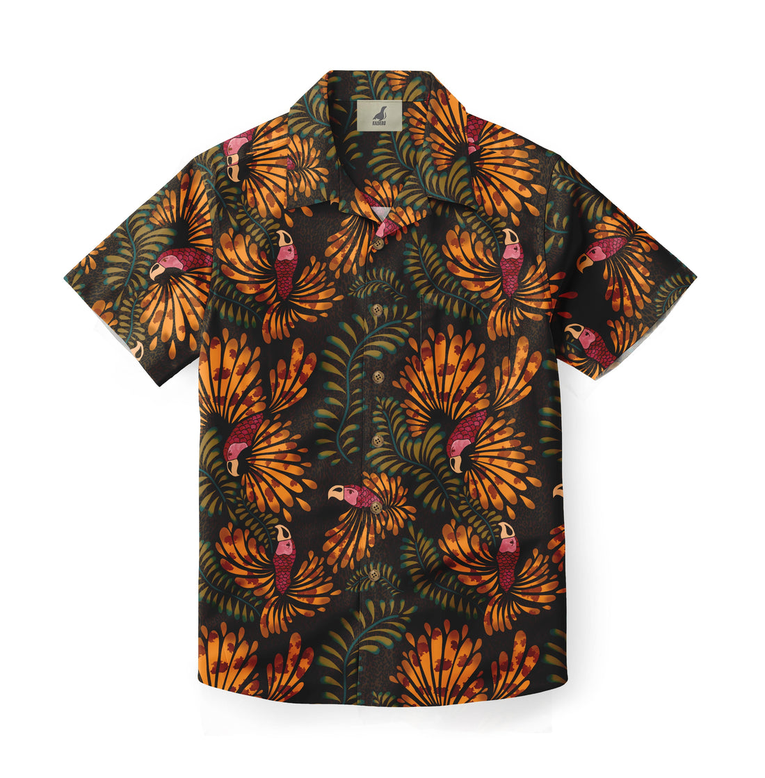 Dark shirt featuring a vivid tropical pattern with orange foliage and vibrant parrots, perfect for an eye-catching and exotic style.