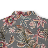 This image shows the upper back portion of a shirt with a gray background adorned with tropical flowers and leaves. The design is vibrant and intricately detailed.