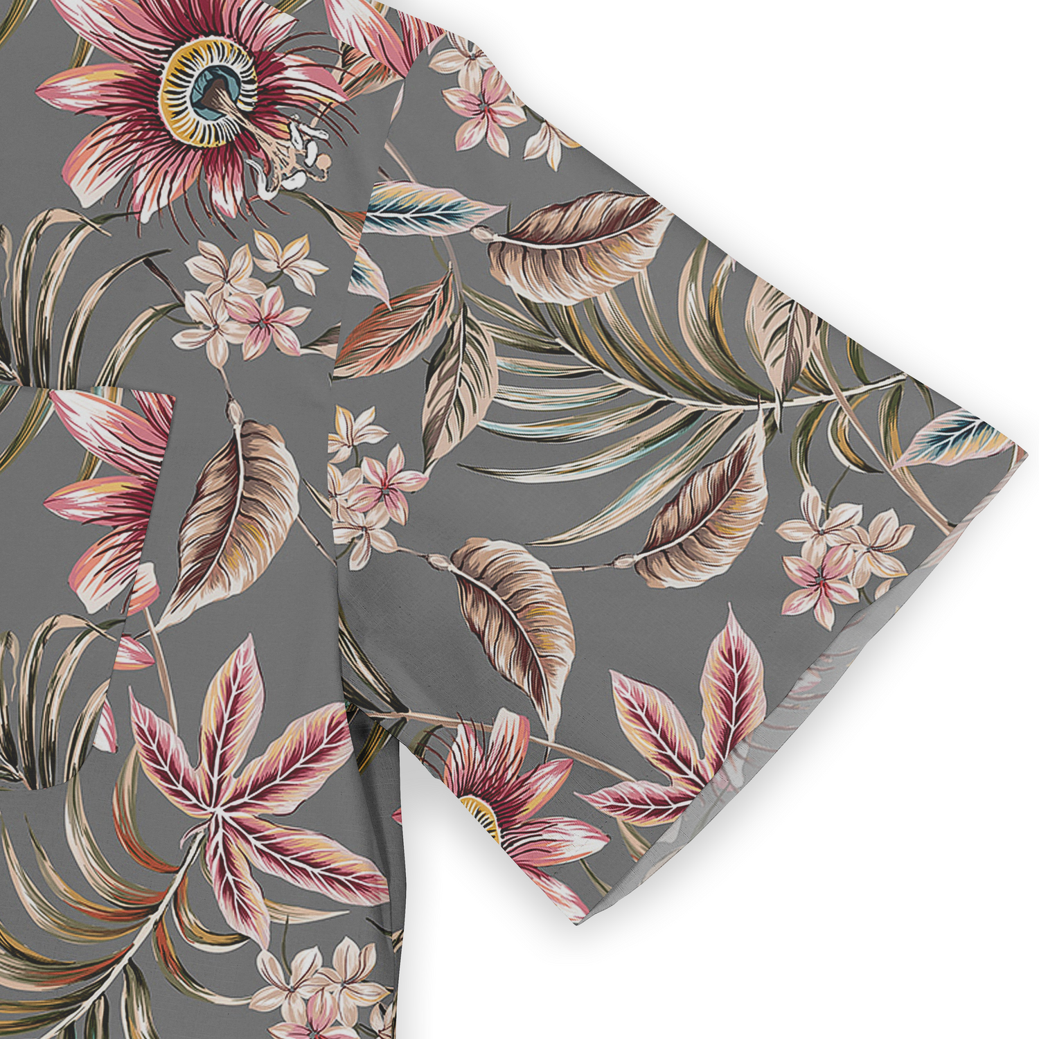 This shirt sleeve showcases the intricate floral design, with detailed leaves and blossoms that create a harmonious and eye-catching pattern on a gray background.