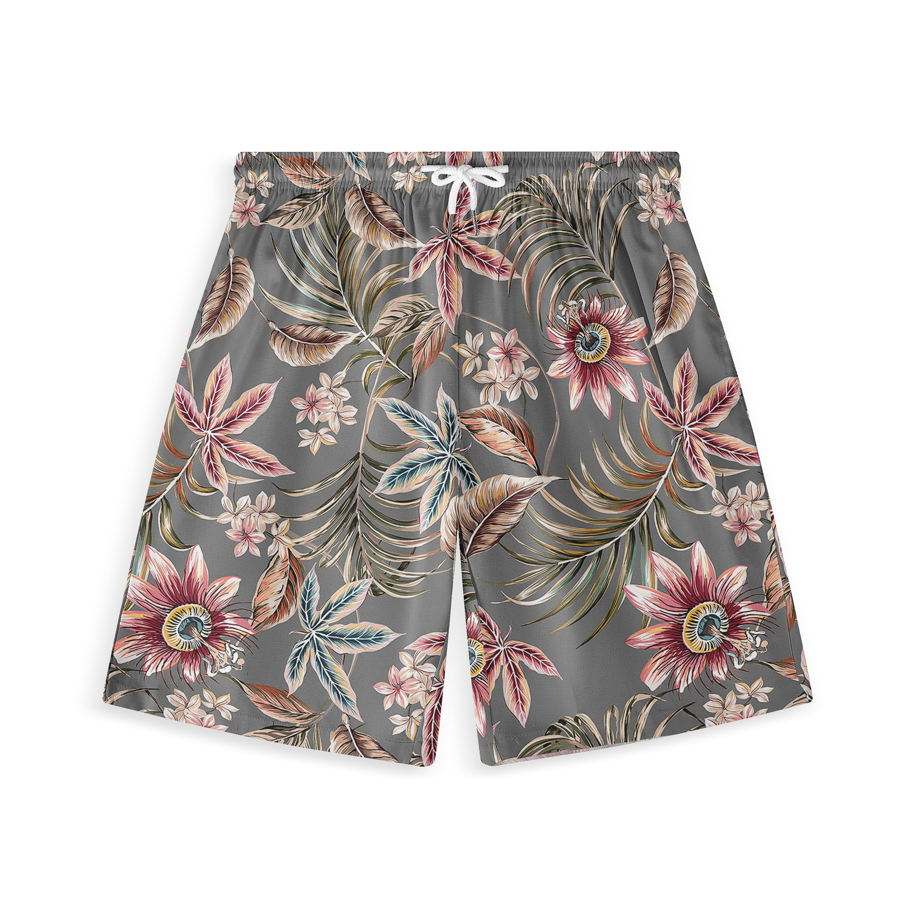 These are shorts with vibrant floral patterns on a gray background, featuring a bold and elegant design that exudes tropical vibes.