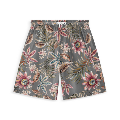 These are shorts with vibrant floral patterns on a gray background, featuring a bold and elegant design that exudes tropical vibes.