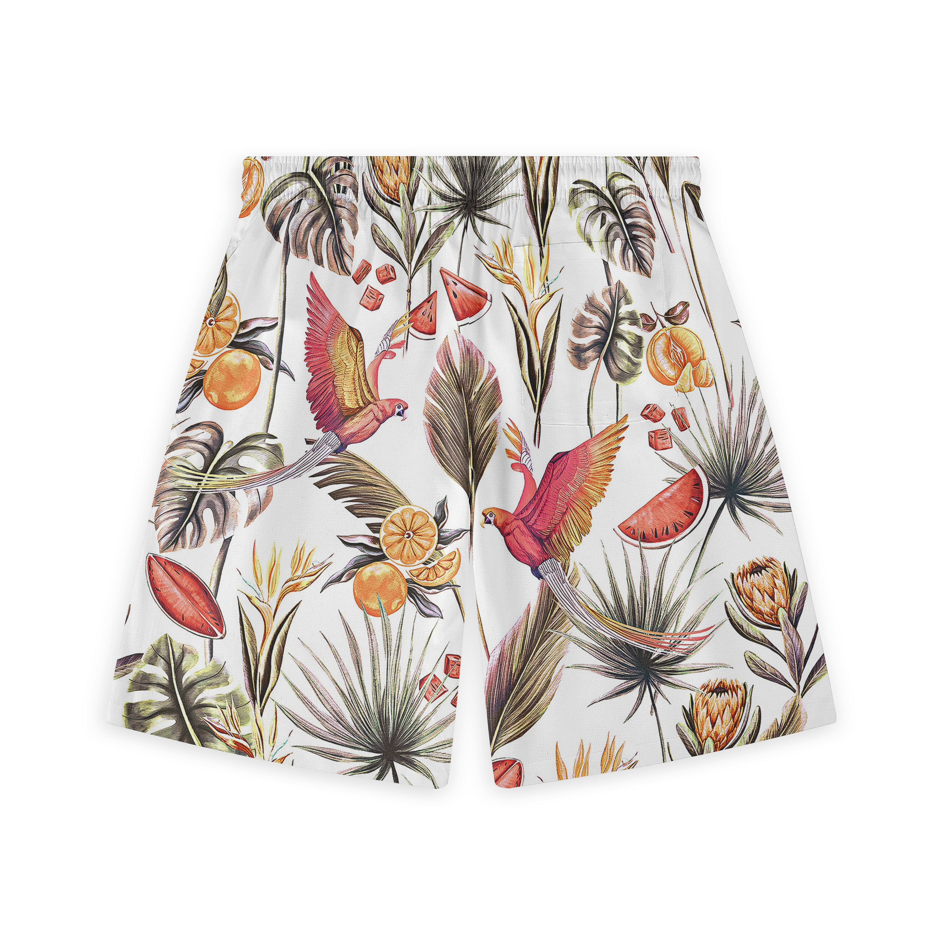 These shorts showcase a bright tropical design with vibrant parrots, palm leaves, and tropical fruits, creating a fun and energetic summer look. Ideal for beach outings or vacations.