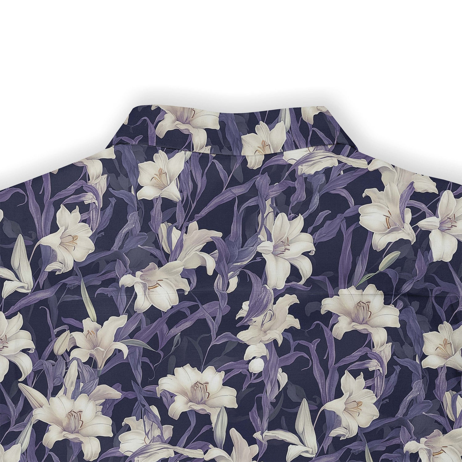 Twilight purple shirt with white lilies, exuding sophistication and grace back view