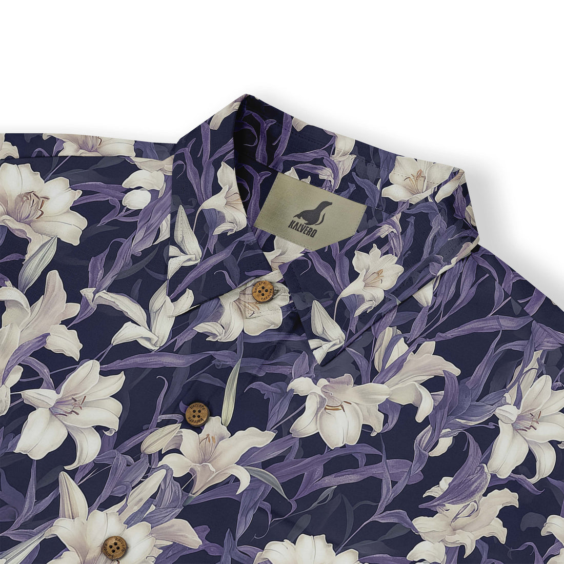 Dark blue shirt with white lilies and purple leaves.
