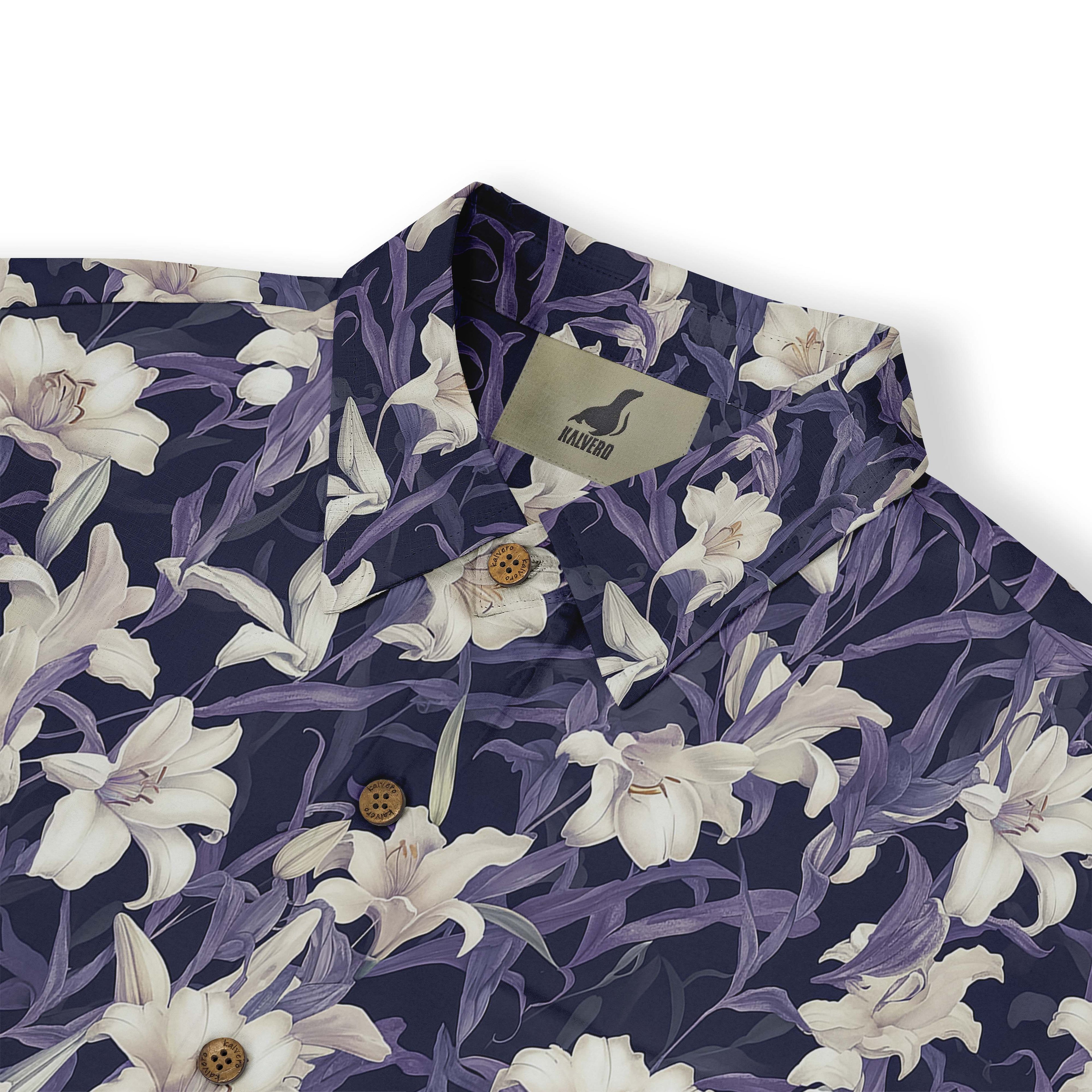 Dark blue shirt with white lilies and purple leaves.