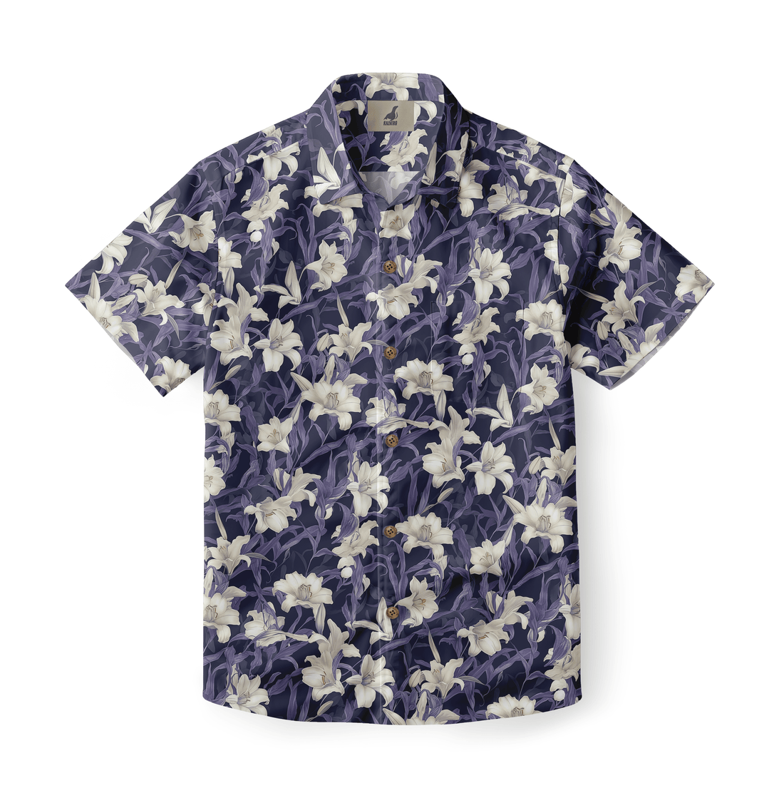 Dark blue shirt with white lily floral pattern.